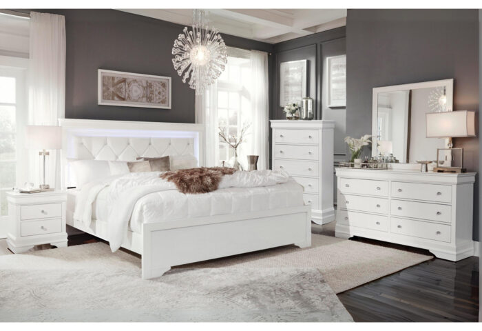 POMPEI METALLIC WHITE KING BED GROUP WITH LED