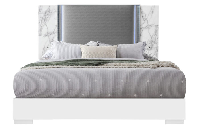 YLIME WHITE MARBLE KING BED FULLY SLATTED WITH LED