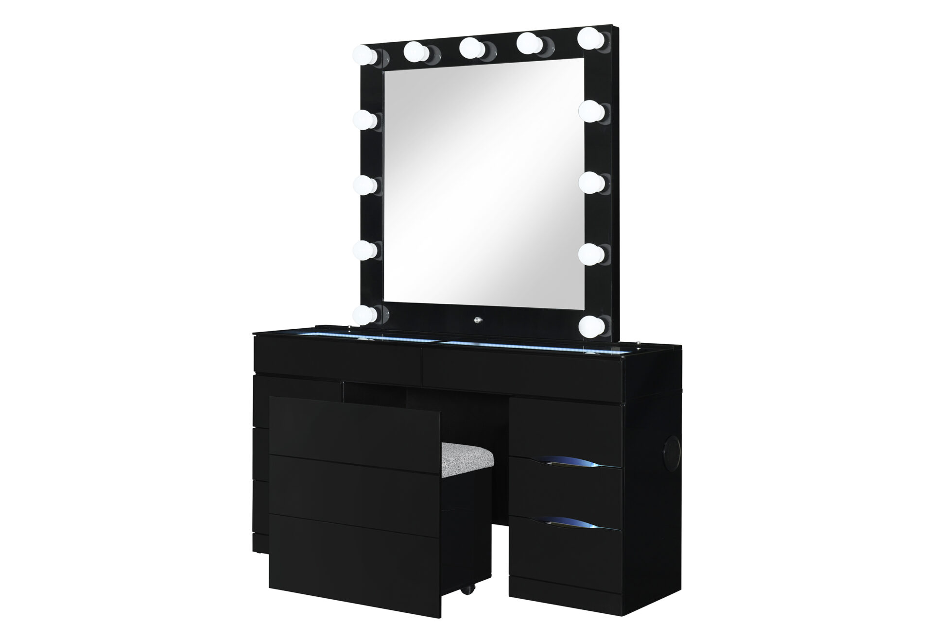 ELLA VANITY BLACK SIDE ANGLE WITH STOOL PARTIAL OUT