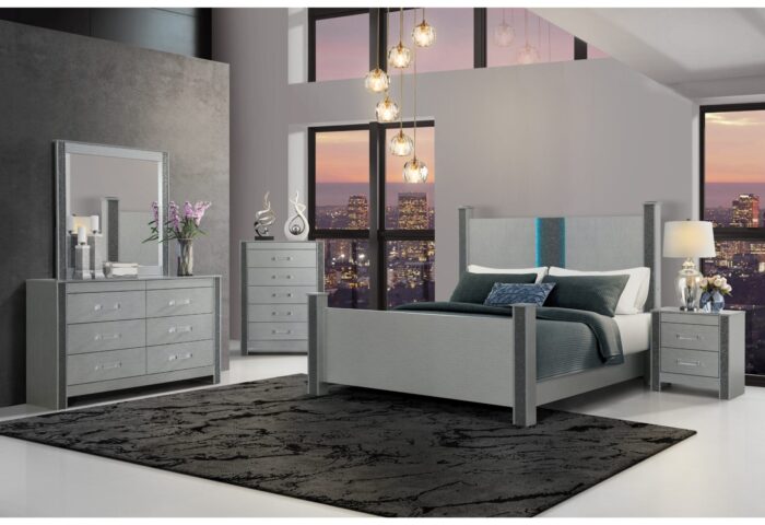 LOGAN SILVER KING BED GROUP W/ LED AND SPEAKERS