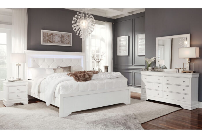 POMPEI METALLIC WHITE QUEEN BED GROUP WITH LED