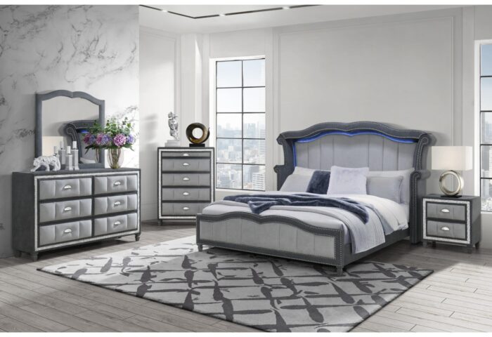 VANNA DARK GREY KING BED, DRESSER, MIRROR AND NIGHTSTAND