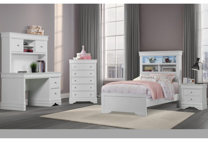 POMPEI METALLIC WHITE BOOKCASE TWIN BED, DRESSER, MIRROR AND NIGHTSTAND